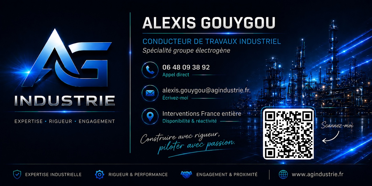 Carte de visite AG Industrie — Alexis Gouygou, conducteur de travaux industriel, spécialiste groupe électrogène. Téléphone 06 48 09 38 92, alexis.gouygou@agindustrie.fr, interventions France entière, www.agindustrie.fr
